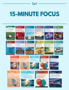 5-Minute Focus 21 Book Set featuring brief counseling guides and workbooks for educators, counselors, and parents covering topics including anxiety, behavior, grief, executive function, relationships and belonging, self-harm, suicide prevention, trauma, crisis response, digital citizenship, diversity, and emotional regulation.