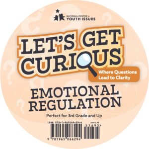 Front cover of the Let’s Get Curious: Emotional Regulation card deck by National Center for Youth Issues, featuring bold title text, a magnifying-glass graphic, and a soft peach-orange background with subtle question mark patterns.
